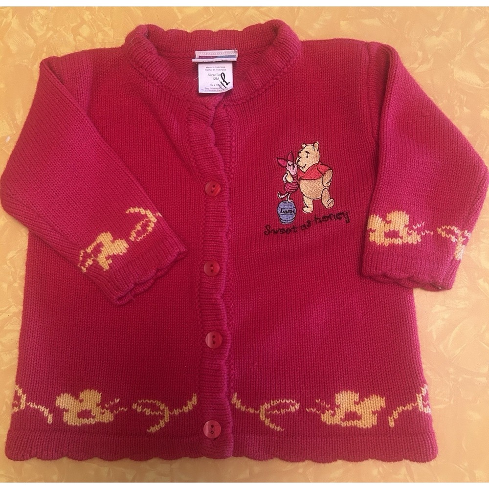 VTG Y2K Winnie The Pooh & Piglet Red Long Sleeve Cardigan Size 12 Months